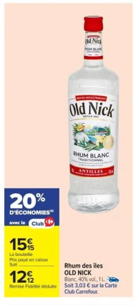 Rhum des îles OLD NICK Blanc, 40% vol., 1 L.