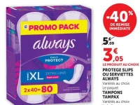 PROTEGE SLIPS OU SERVIETTES ALWAYS TAMPONS TAMPAX