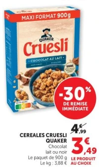 CEREALES CRUESLI QUAKER Chocolat lait ou noir