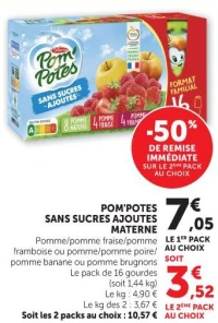 POM'POTES SANS SUCRES AJOUTES MATERNE Pomme/pomme fraise/pomme framboise ou pomme/pomme poire/ pomme banane ou pomme brugnons