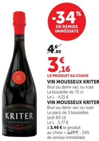 VIN MOUSSEUX KRITER Brut ou demi-sec ou rosé La bouteille de 75 cl