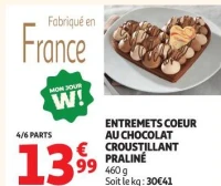 ENTREMETS COEUR AU CHOCOLAT CROUSTILLANT PRALINÉ