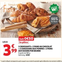 2 CROISSANTS + 2 PAINS AU CHOCOLAT + 2 CHAUSSONS AUX POMMES + 2 PAINS AUX RAISINS PUR BEURRE À partir de 580 g Soit le kg : 6€88