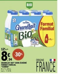 GRANDLAIT BIO DEMI-ÉCRÉMÉ FORMAT FAMILIAL "CANDIA"