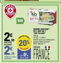 BEURRE DOUX BIO 82% MAT.GR. "BIO VILLAGE"