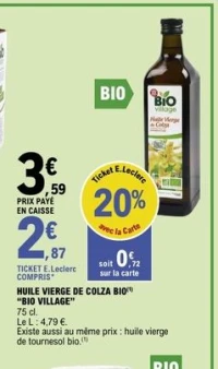 Huile vierge de colza bio "Bio Village"