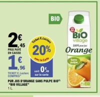 PUR JUS D'ORANGE SANS PULPE BIO "BIO VILLAGE" 1 L.