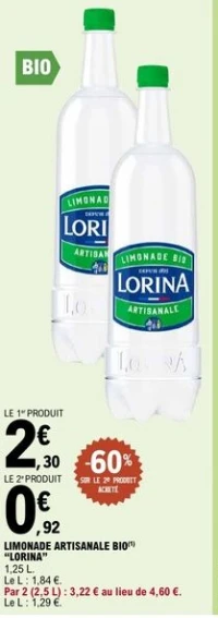 LIMONADE ARTISANALE BIO "LORINA" 1,25 L.