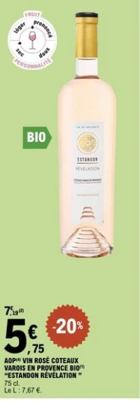 AOP VIN ROSÉ COTEAUX VAROIS EN PROVENCE BIO  "ESTANDON RÉVÉLATION" 75 cl.