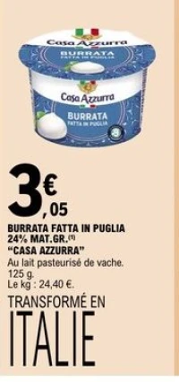 BURRATA FATTA IN PUGLIA 24% MAT.GR.  "CASA AZZURRA"