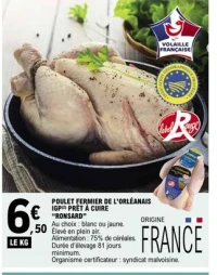 POULET FERMIER DE L'ORLÉANAIS IGP PRÊT À CUIRE "RONSARD"