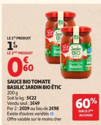 SAUCE BIO TOMATE BASILIC JARDIN BIO ÉTIC