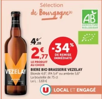 BIERE BIO BRASSERIE VEZELAY Blonde 4,6°, IPA 5,4° ou ambrée 5,6°
