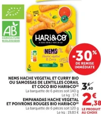 Nems haché végétal et curry bio ou Samosas de lentilles corail et coco bio ou Empanadas haché végétal et poivrons rouges bio Hari&Co