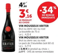 VIN MOUSSEUX KRITER Brut ou demi-sec ou rosé La bouteille de 75 cl