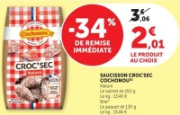 Saucisson Croc'Sec Cochonou Nature ou Brie
