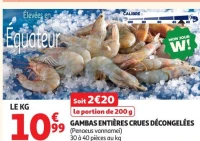 Gambas entières crues décongelées
