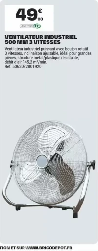 VENTILATEUR INDUSTRIEL 500 MM 3 VITESSES