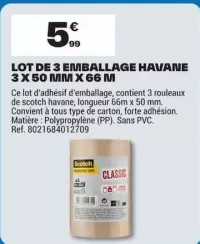 Scotch Lot de 3 emballage havane 3 x 50 mm x 66 m