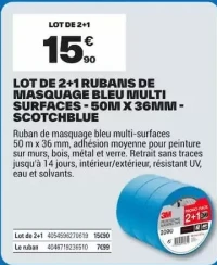 ScotchBlue Lot de 2+1 rubans de masquage bleu multi surfaces - 50m x 36mm