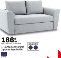 Canapé convertible 2 places tissu Twill II