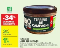 Tartinables LE BIO DES ELEVEURS Terrine de Campagne ou Piment d'Espelette