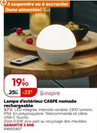 Lampe d'extérieur CASPE nomade rechargeable Inspire