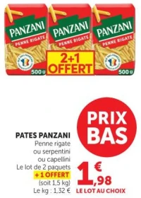 Pates Panzani Penne rigate ou serpentini ou capellini