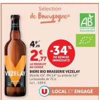 BIERE BIO BRASSERIE VEZELAY Blonde 4,6°, IPA 5,4° ou ambrée 5,6°