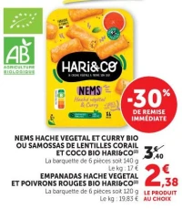 Nems haché végétal et curry bio ou samossas de lentilles corail et coco bio Hari&Co