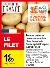 Pomme de terre de consommation blanche à chair ferme spécial vapeur CARREFOUR
