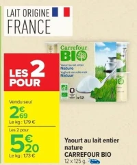 Yaourt au lait entier nature CARREFOUR BIO