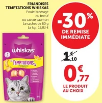 Whiskas Friandises Temptations Poulet fromage ou boeuf ou saveur saumon