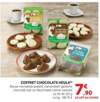 COFFRET CHOCOLATS HEULA Bouse normande praliné, camembert ganache chocolat noir ou Neufchatel crème caramel