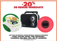 Tous les réveils, radios réveils, radios et boombox POSS, PHILIPS, MUSE, TNB, METRONIC, THOMSON, BIG BEN, CGV, JBL ET LEXIBOOK