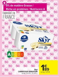 Skyr CARREFOUR SENSATION Vanille, 0% M.G., 4 x 100 g.