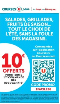 10€ offerts pour toute 1ère commande dès 80€ d'achats sur Courses U