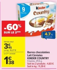 Barres chocolatées Lait Céréales KINDER COUNTRY