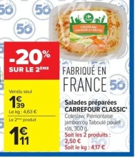Salades préparées CARREFOUR CLASSIC Coleslaw, Piémontaise jambon ou Taboulé poulet rôti