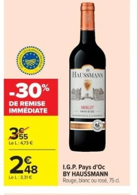 I.G.P. Pays d'Oc BY HAUSSMANN Rouge, blanc ou rosé, 75 cl.
