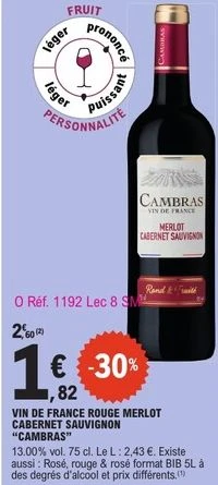 VIN DE FRANCE ROUGE MERLOT CABERNET SAUVIGNON "CAMBRAS"