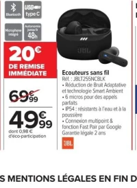 Ecouteurs sans fil JBLT255NCBLK