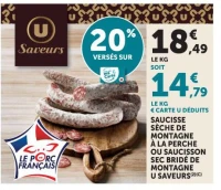 Saucisse sèche de montagne à la perche ou Saucisson sec bridé de montagne U Saveurs