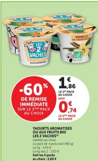 Yaourts aromatises ou aux fruits Bio Les 2 Vaches