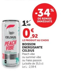 Boisson énergisante Celsius Peach vibe ou summer vibe ou fraise passion