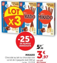 Mikado Chocolat au lait ou chocolat noir Le lot de 3 paquets