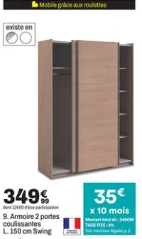 Armoire 2 portes coulissantes L. 150 cm Swing