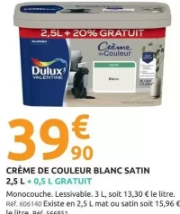 CRÈME DE COULEUR BLANC SATIN 2,5 L + 0,5 L GRATUIT Dulux Valentine