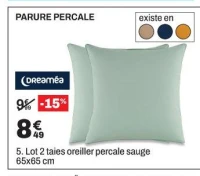 Lot 2 taies oreiller percale sauge 65x65 cm