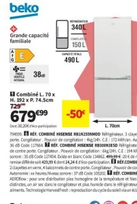 Beko Combiné L. 70 x H. 192 x P. 74.5cm